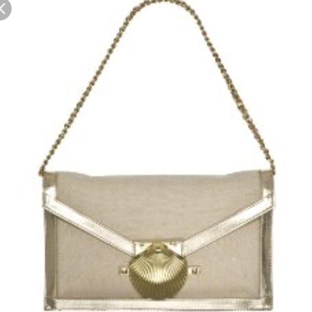 Felix Rey Canvas Shell Clutch Chain Strap Tan/Gold - image 8
